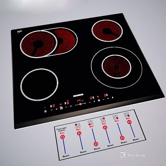 Black Electric Cooktop With Four Burners Red Indicators Control Panel And Instruction Guide 3d model
