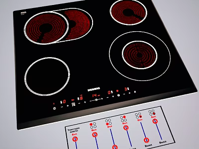 Black Electric Cooktop With Four Burners Red Indicators Control Panel And Instruction Guide 3d model