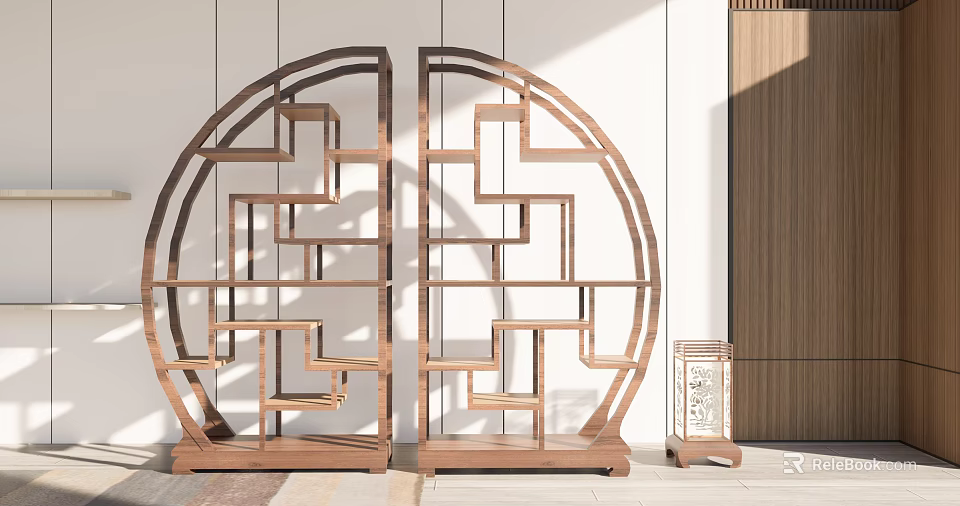 Traditional Wooden Curio Shelves Interior Design With Circular Frame And Symmetrical Geometric Patterns 3d model 