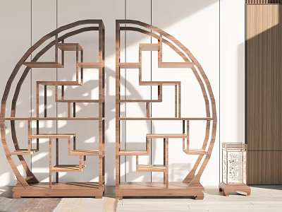 Traditional Wooden Curio Shelves Interior Design With Circular Frame And Symmetrical Geometric Patterns 3d model