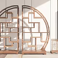 Traditional Wooden Curio Shelves Interior Design With Circular Frame And Symmetrical Geometric Patterns
