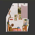 Colorful Furniture In Miniature Room With Piano Bookshelf Chair Table And Easel