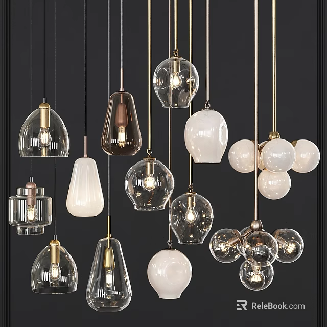 Modern Hanging Chandeliers With Various Glass Shapes And Metal Frames For Home Decor 3d model 