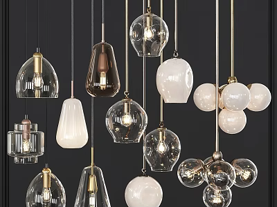 Modern Hanging Chandeliers With Various Glass Shapes And Metal Frames For Home Decor 3d model