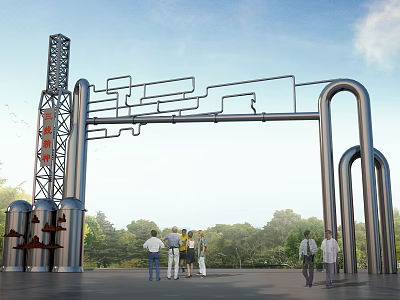 Building Exterior Wall with Metal Arch Pipes Red Characters People and Green Trees 3d model