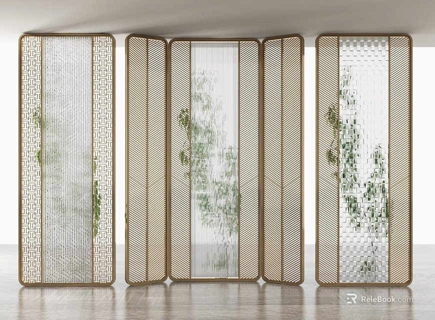 Modern Perforated Room Divider With Transparent Panels And Green Plants Background 3d model 