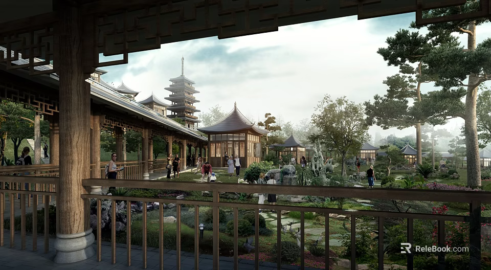 Traditional Garden Landscape with Pagoda Pavilion Wooden Railing Lush Trees and People Walking 3d model 