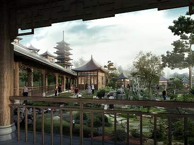 Traditional Garden Landscape with Pagoda Pavilion Wooden Railing Lush Trees and People Walking 3d model