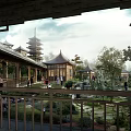 Traditional Garden Landscape with Pagoda Pavilion Wooden Railing Lush Trees and People Walking