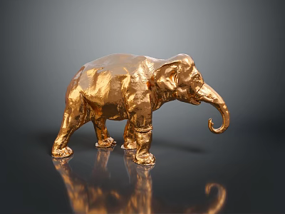 Shiny Golden Elephant Sculpture With Metal Texture On Dark Reflective Surface 3d model