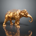 Shiny Golden Elephant Sculpture With Metal Texture On Dark Reflective Surface