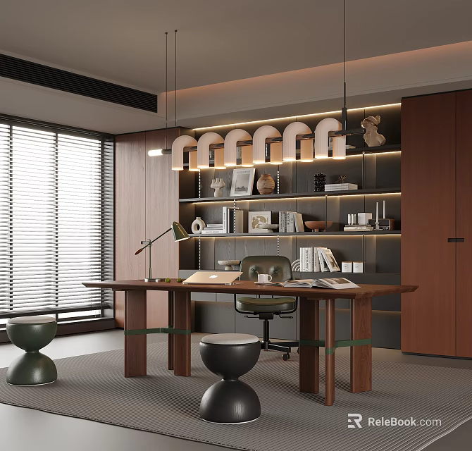 Modern Home Office Interior With Wooden Desk Shelves Books And Hanging Lights 3d model 