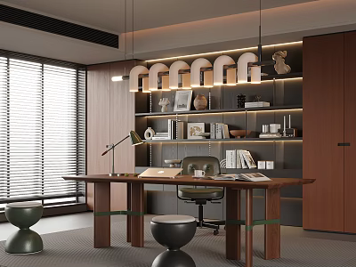 Modern Home Office Interior With Wooden Desk Shelves Books And Hanging Lights 3d model