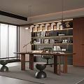 Modern Home Office Interior With Wooden Desk Shelves Books And Hanging Lights