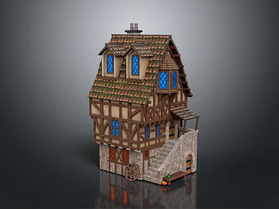 Medieval Timber Framed House Model With Brown Roof Blue Windows Small Staircase And Wooden Barrel 3d model