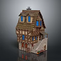 Medieval Timber Framed House Model With Brown Roof Blue Windows Small Staircase And Wooden Barrel
