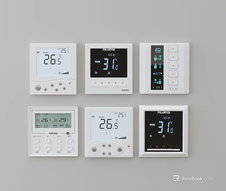 Multiple White Digital Thermostat Switch Panels With Temperature Display And Control Buttons 3d model 