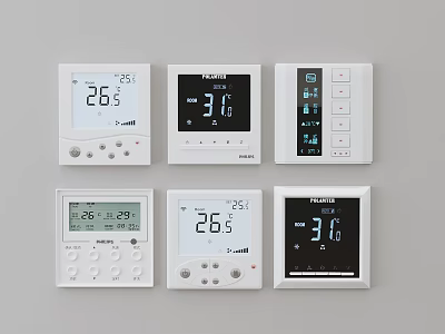 Multiple White Digital Thermostat Switch Panels With Temperature Display And Control Buttons 3d model