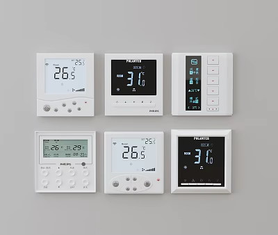 Multiple White Digital Thermostat Switch Panels With Temperature Display And Control Buttons 3d model