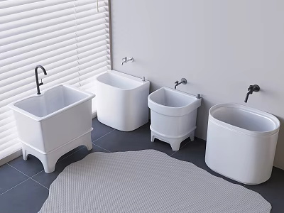 White Ceramic Bathroom Accessories With Faucets Arranged Against Bathroom Wall And Grey Mat 3d model