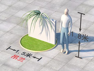 Spider Plant With Green Grass Around White Pillar On Gray Pavement Near Human Figure 3d model