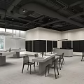 Modern Exhibition Space Interior With Geometric Display Stands Wooden Wall Panels And Industrial Ceiling