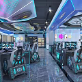 Modern Cyber Cafe Interior With Futuristic Design Blue Lighting Reception Desk Sofa And Computers