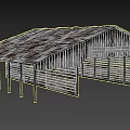 Old Open Wooden Building Structure With Rusty Roof Weathered Planks And Supporting Columns