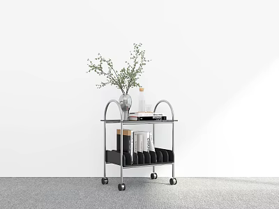 Modern Rolling Side Table with Green Plant Vase Books Metal Frame and Top Shelf Storage 3d model