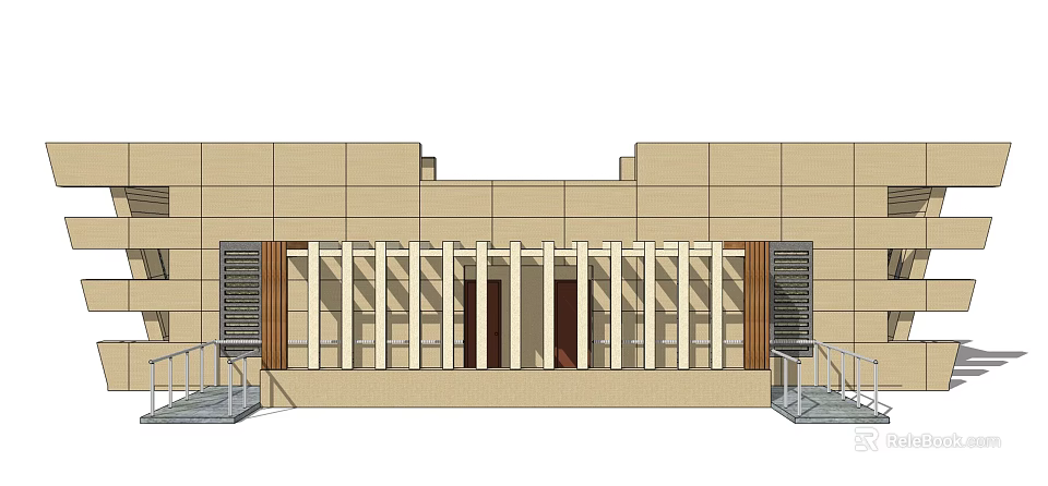 Modern Building Entrance Facade With Beige Walls Wooden Lattice And Ventilation Grilles 3d model 