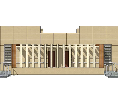 Modern Building Entrance Facade With Beige Walls Wooden Lattice And Ventilation Grilles 3d model