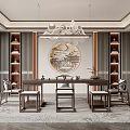 Traditional Chinese Tea Room Interior With Circular Painting Wooden Table And Display Shelves