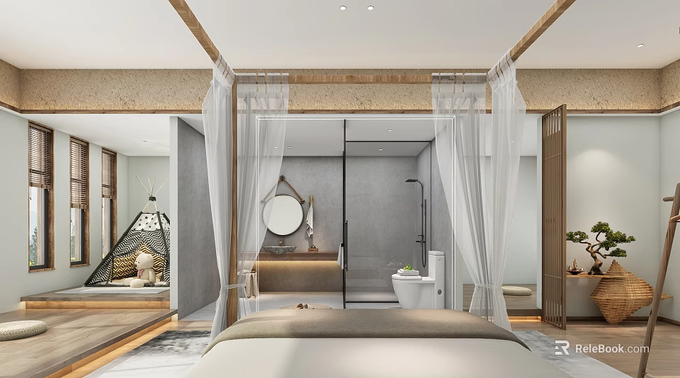 Elegant Hotel Room With Four Poster Bed White Sheer Curtains Round Mirror And Wooden Beams 3d model 