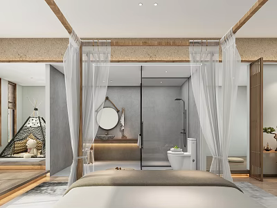 Elegant Hotel Room With Four Poster Bed White Sheer Curtains Round Mirror And Wooden Beams 3d model