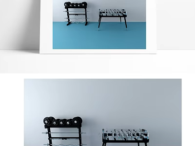Indoor Sports Equipment Setup Featuring Dumbbell Rack And Foosball Table 3d model