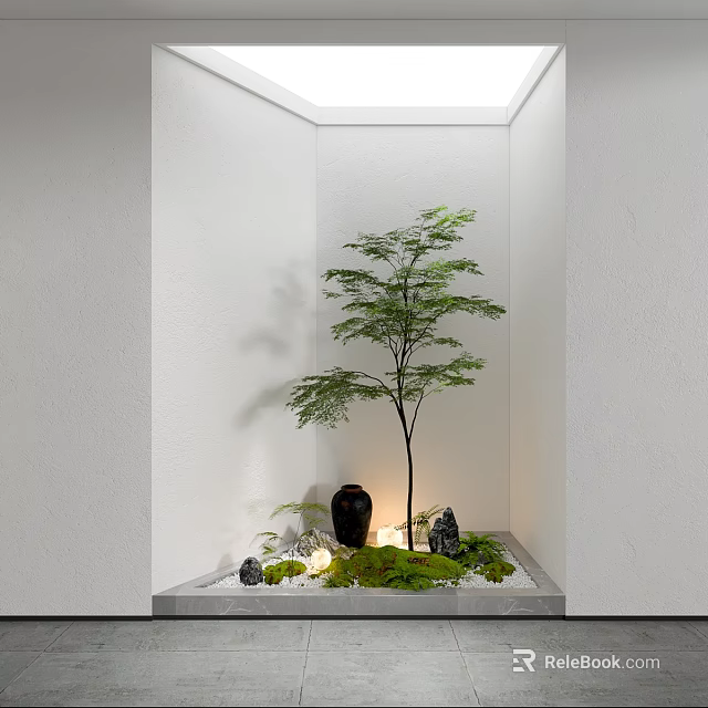 Minimalist Indoor Landscape With Tree Moss Stones And Lighting 3d model