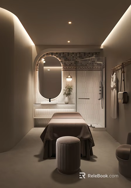 Elegant SPA Sauna Interior With Massage Table Shower Mirror And Warm Lighting 3d model