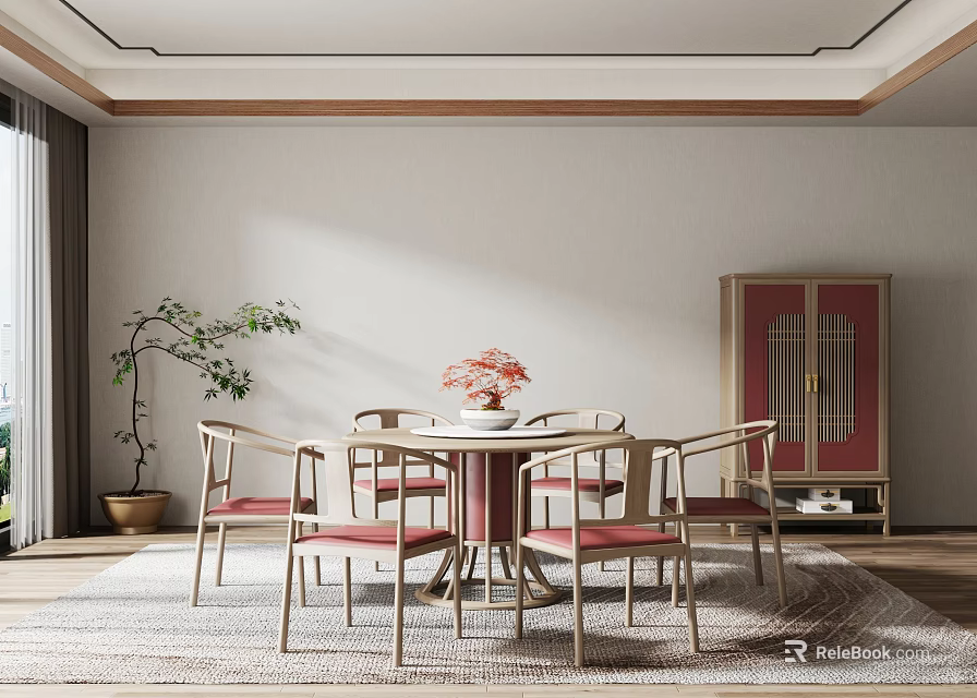 Chinese Style Restaurant With Round Dining Table Chairs Red Cushions Green Plant And Woven Carpet 3d model 