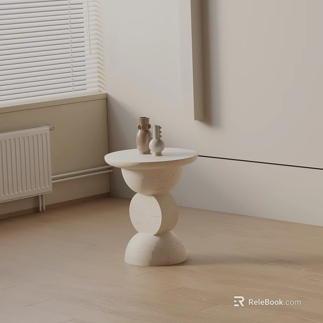 Minimalist White Stone Side Table With Sculptural Round Stacked Base And Decorative Vases 3d model 