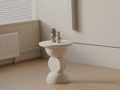 Minimalist White Stone Side Table With Sculptural Round Stacked Base And Decorative Vases 3d model