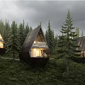 Modern Forest Detached Villa With Triangular Roof And Wooden Exterior Among Pine Trees