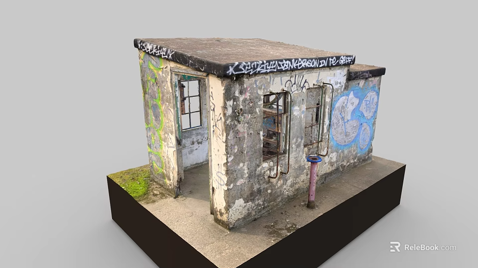 Graffiti Covered Small Building Model With Weathered Exterior Open Door And Windows 3d model 