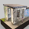 Graffiti Covered Small Building Model With Weathered Exterior Open Door And Windows