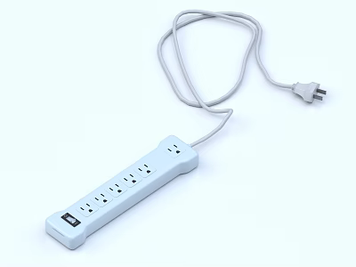 White Electrical Power Strip With Multiple Outlets And Attached Power Cord Plug 3d model