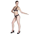 Woman in Bikini and High Heels Posing with Outstretched Arms Against Gray Background