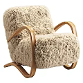 Cozy Fluffy Beige Armchair With Curved Wooden Arms And Legs Design