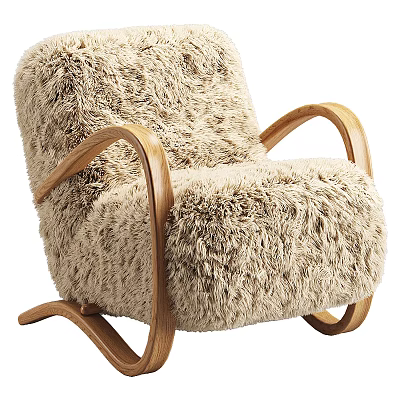 Cozy Fluffy Beige Armchair With Curved Wooden Arms And Legs Design 3d model