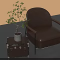 Brown Leather Armchair With Leather Trunk Side Table And Potted Plant