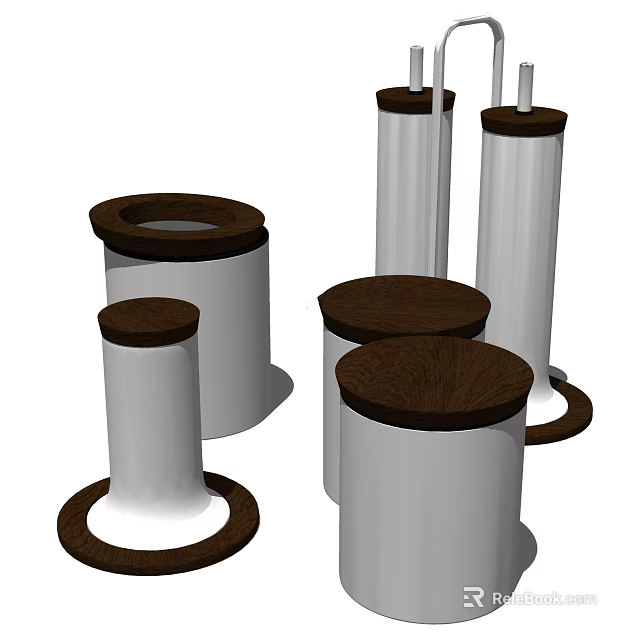 Cylindrical Decorative Objects With White Bodies And Brown Tops In Various Heights 3d model 