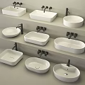Various Stylish Bathroom Washbasin Designs With Different Shapes And Faucets On Shelves